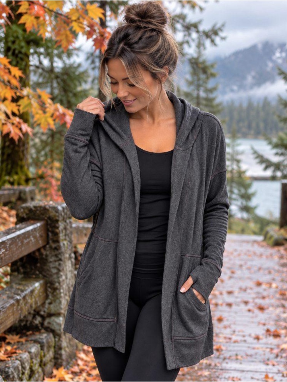 Zella Women’s L Long Hooded Open Front Cardigan Gray Thumbholes Zip Pockets